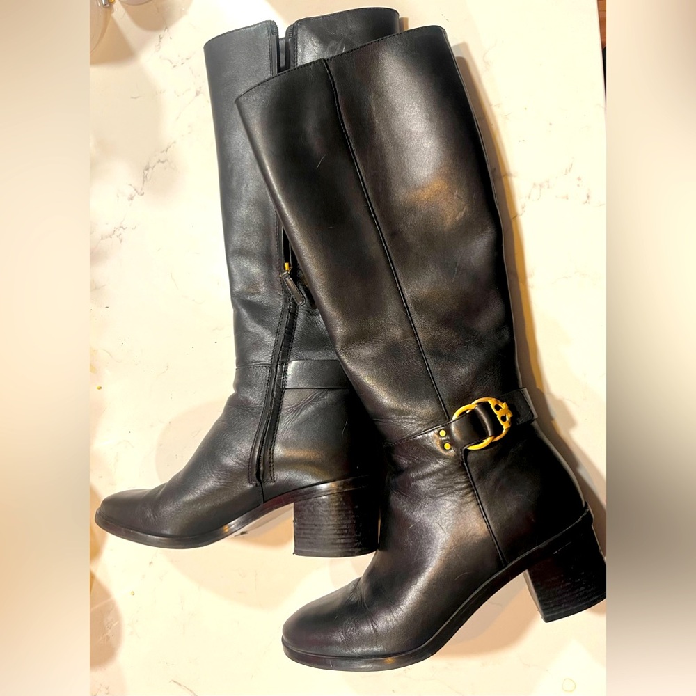 Tory Burch Womens Marsden Riding Boots Black Leather Tall Block Heel Size 9.5M